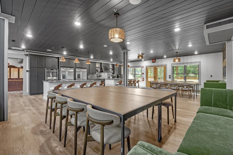 spacious dining area and kitchen in luxury cabin